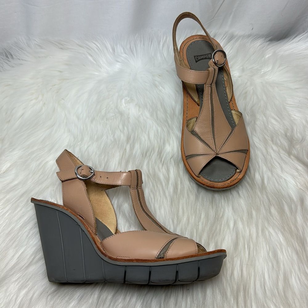 Camper Fillipa Tan/Grey Wedge Peep Toe Sandals Sz 37/US 7